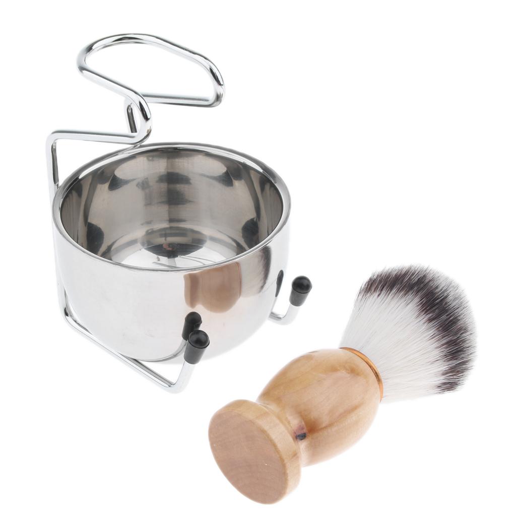 3pcs Natural Beech Wood Shaving Brush Bowl Mug Cup Stand Holder Kit For Men