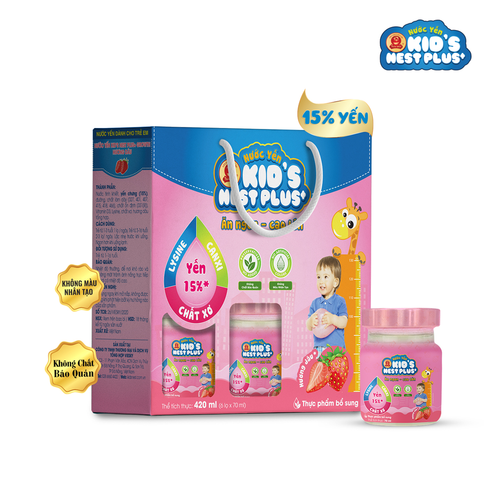 Hộp 6 hũ Nước Yến Sào Cho Trẻ Em Kid's Nest Plus+ Ăn Ngon Cao Lớn (6 hũ x 70ml)