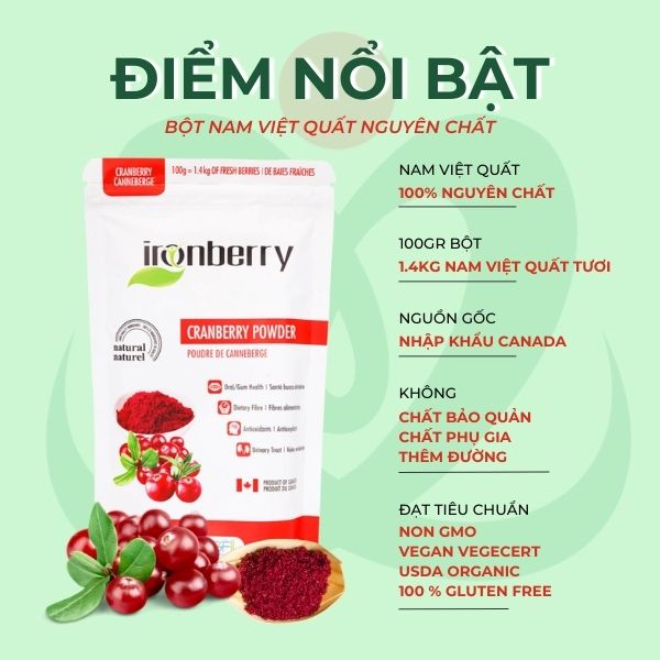 Bột nam việt quất nguyên chất nhập khẩu Canada không thêm đường bổ sung vitamin - IRONBERRY cranberry powder (100gr)