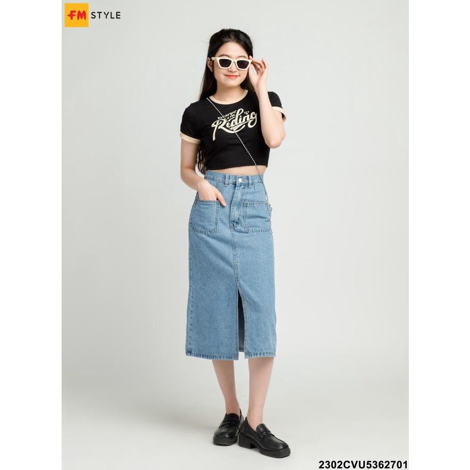 Chân váy jean nữ Fm Style kiểu dáng Midi Jean lưng cao dáng thiết kế xẻ trước thời trang Hàn Quốc 23020818