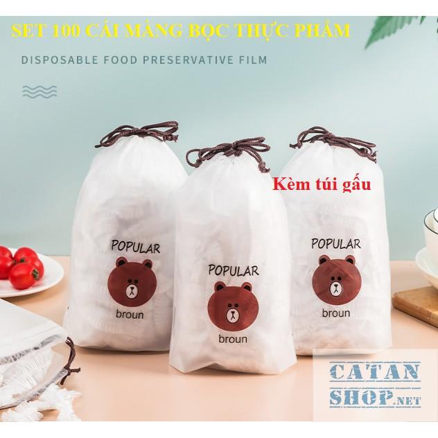 Set 100 màng bọc thực phẩm túi gấu Màng bọc thực phẩm PE có chun bọc đồ ăn co giãn tái sử dụng nhiều lần.