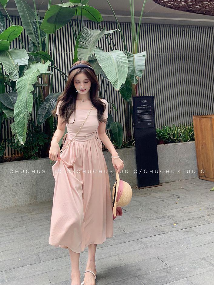 TOBE1SHOP Mùa xuân màu hồng Pháp ăn mặc nữ 2023 khí chất hiển thị gầy váy dài cao cấp Hepburn phong cách váy