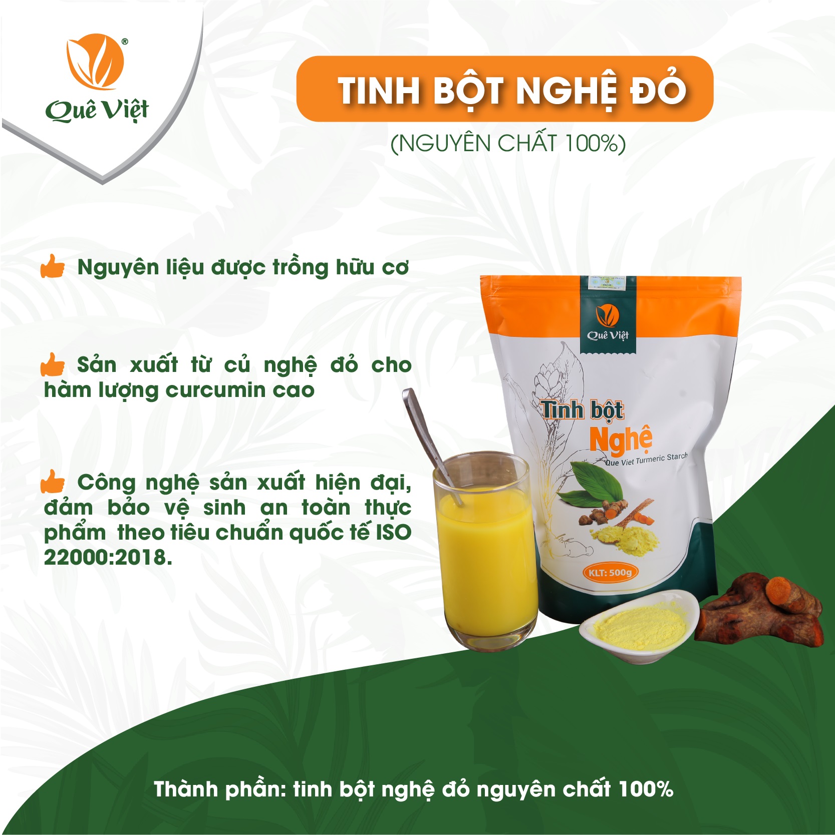 Tinh bột nghệ nguyên chất Quê Việt hỗ trợ tiêu hóa, làm đẹp da gói 50gr