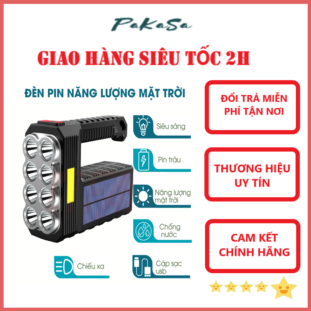 Đèn Pin Cầm Tay Siêu Sáng 4 Chế Độ Chống Thấm Nước, Cổng Sạc USB Kết Hợp Năng Lượng Mặt Trời - Hàng Chính Hãng