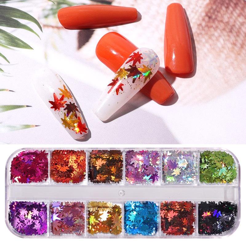 Khay lá phong nail mix 12 màu , Sticker họa tiết lá phong trang trí móng chuyên dụng