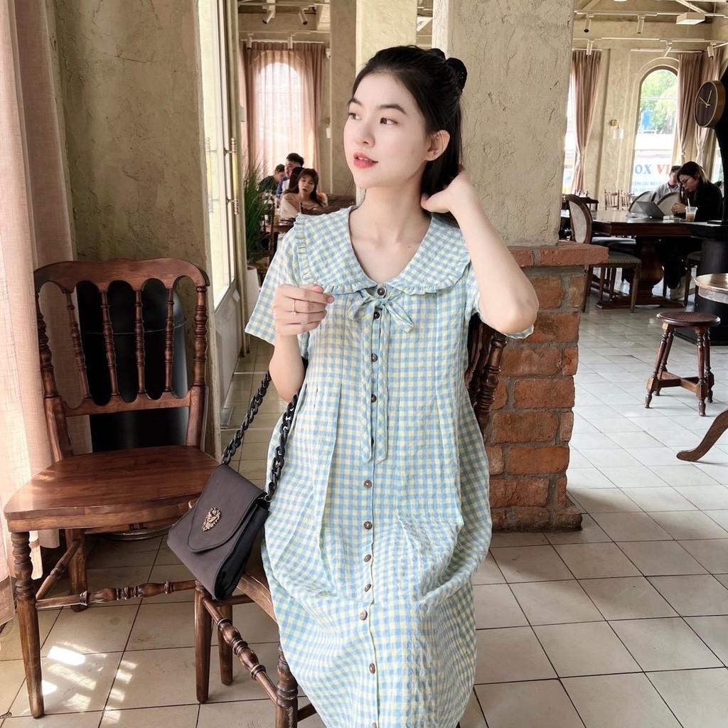 Đầm bầu karo cổ bèo thắt nơ dáng suông dễ thương, trẻ trung, năng động - Nâu