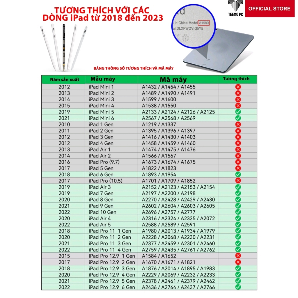 Bút Cảm Ứng Teemo PC Trong Suốt Sạc Không Dây-Chống Tỳ Đè-Nét Thanh Đậm Dùng Cho IPad Pro Air Mini - Hàng Chính Hãng