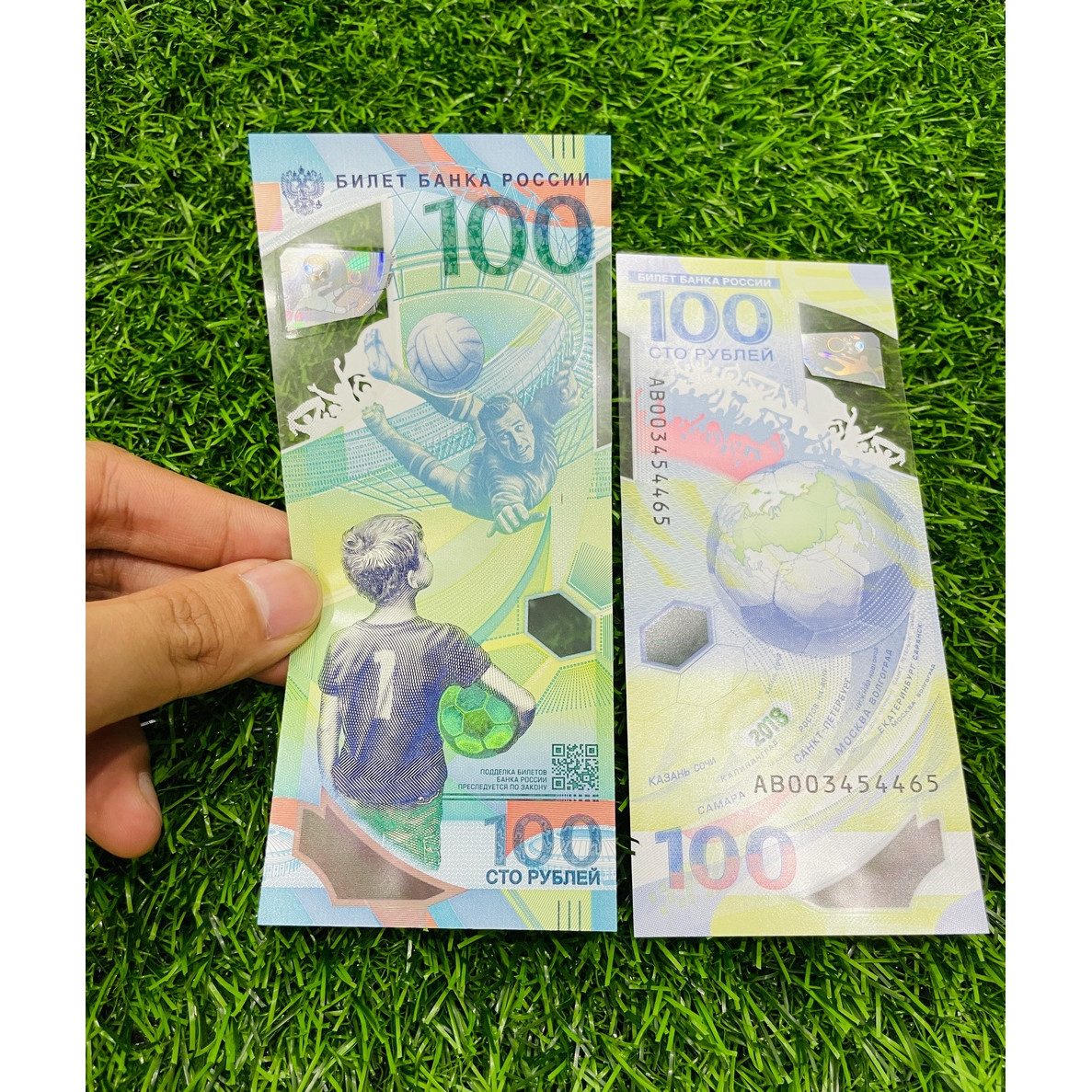 Tiền Nga 100 Rupees, bằng polyme, tiền kỷ niệm world cup 2018, tuyệt đẹp, mới 100% UNC, tặng túi nilon bảo quản The Merrick Mint