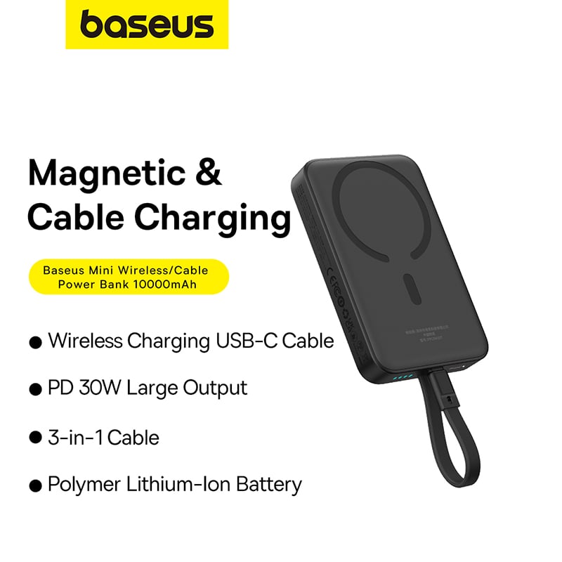 Pin Sạc Không Dây Nam Châm Baseus Magnetic Power Bank 30W 10000mAh (tích hợp Sẵn Cáp Type-C) - Hàng chính hãng