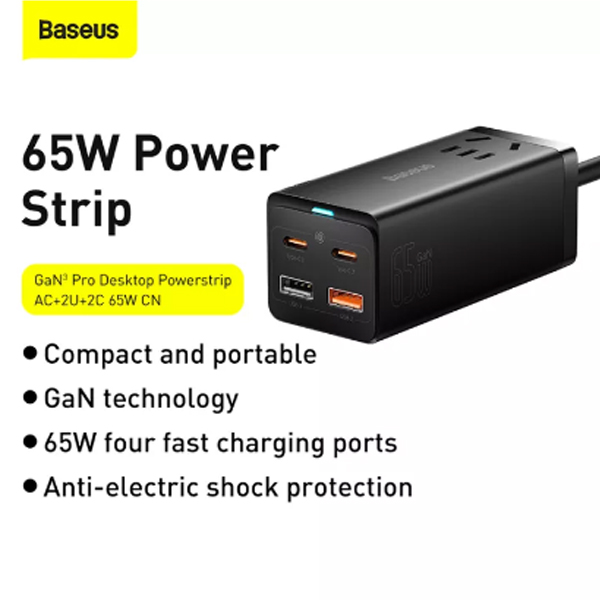 Bộ sạc nhanh Baseus 65W Gan3 Pro Desktop Powerstrip (2 USB, 2 Type-C, AC) cho iPhone 13 12 Pro Max, Desktop, Laptop - Hàng chính hãng