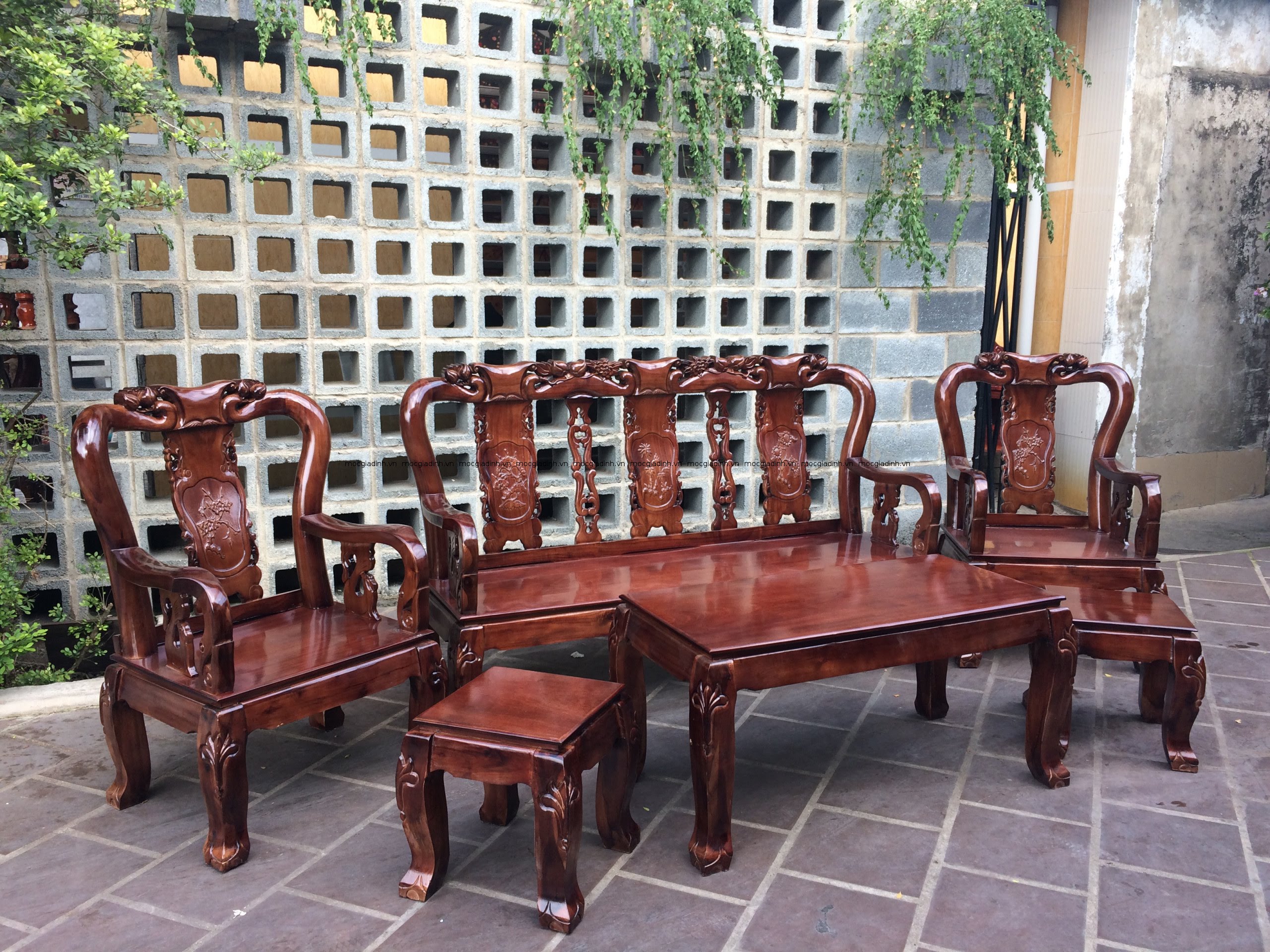 Bộ bàn ghế salon gỗ Tràm Tay 8 đỉnh Đào tựa Bình - Cánh gián