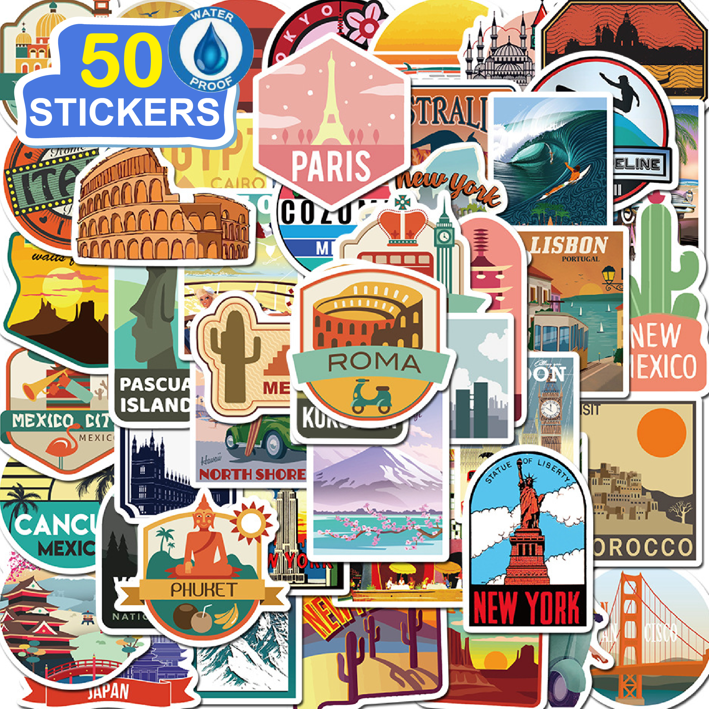 50 Stickers Vintage Travel Label trang trí laptop, điện thoại, ipad, cốc nước, sổ tay, vali du lịch, scooter, ván trược - Chống thấm nước - FiDi