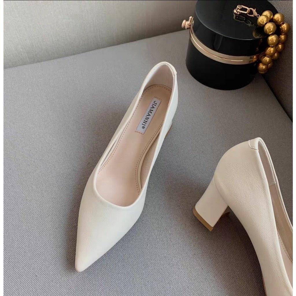 Giày cao gót da mịn trơn mũi nhọn gót trụ to - 7P