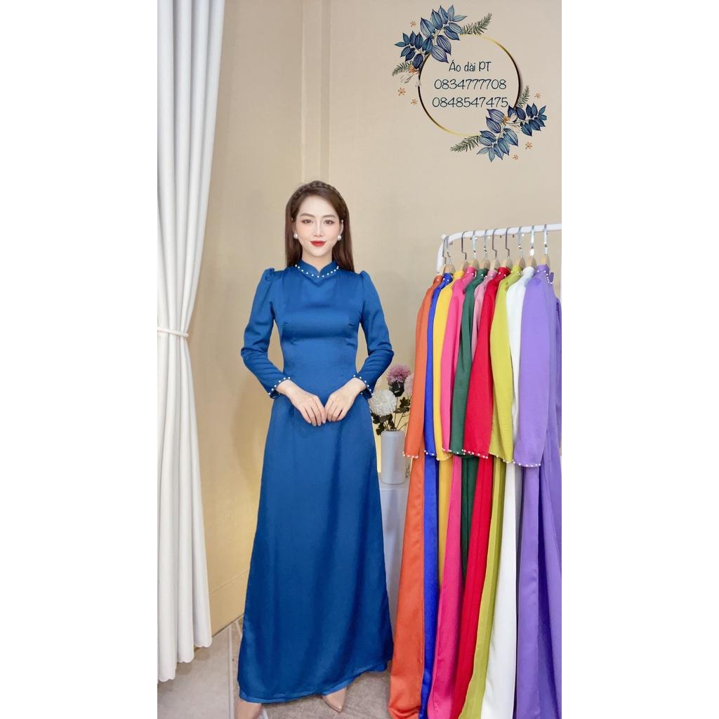 Áo dài XANH KÉT trơn tay bồng, thiết kế cổ cao 2p đính ngọc, tay bồng lỡ, chất vải lụa tây thi 2 tà mềm mại , bay tà