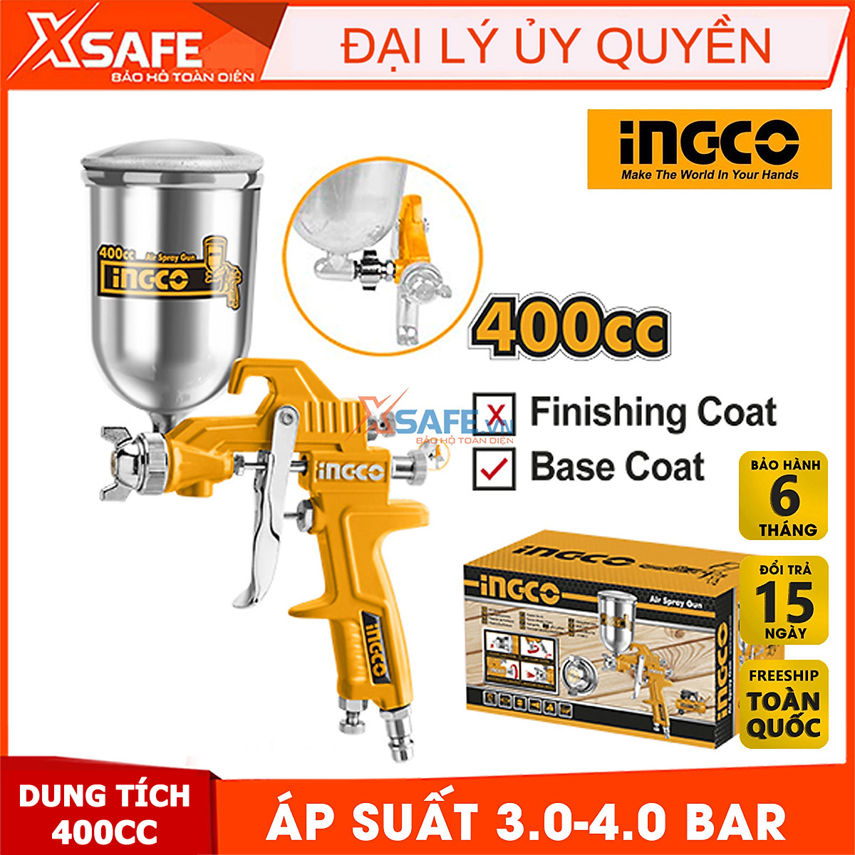 Máy phun sơn INGCO ASG4042 - dụng cụ phun sơn đầu phun tiêu chuẩn 1.5mm, áp suất 3.0-4.0 bar, thể tích bình nhôm 400cc [XSAFE]