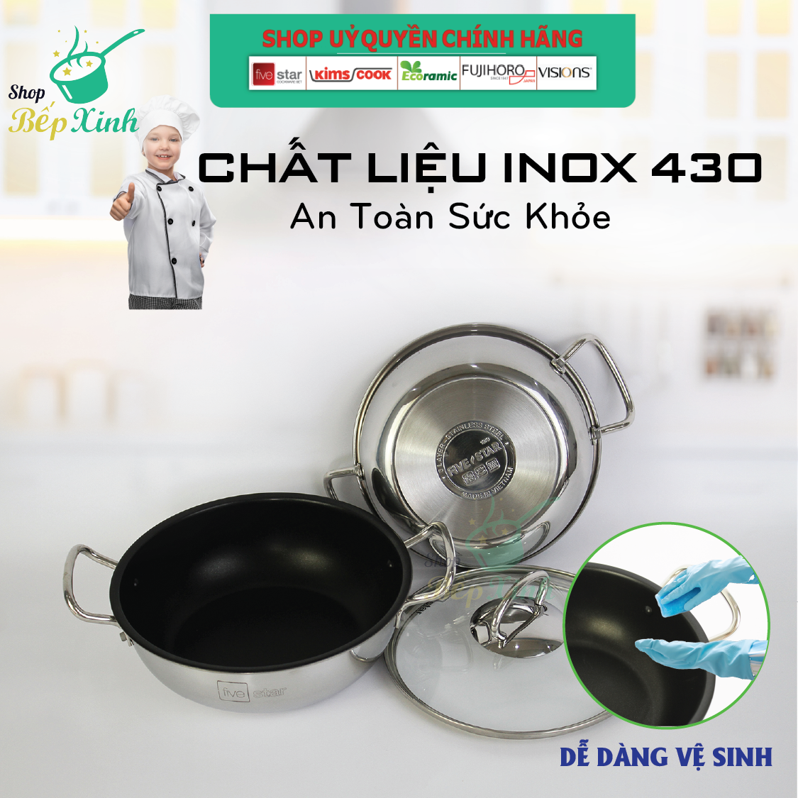Nồi inox 3 Đáy Chống Dính 20cm Fivestar ,bếp từ , gas, hồng ngoại
