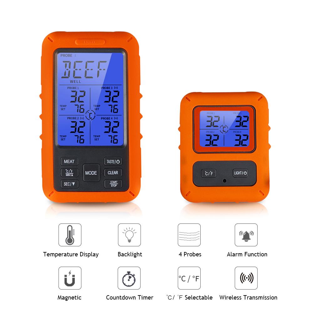 Nhiệt kế Màn hình nền LCD không dây với 4 đầu dò 100 mét có đèn nền