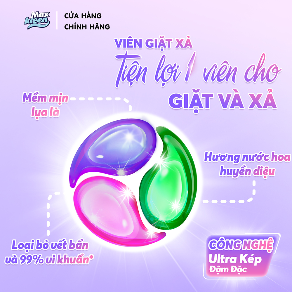 Combo 3 Túi Viên Giặt Xả MaxKleen Hương Huyền Diệu (34 viên/túi)