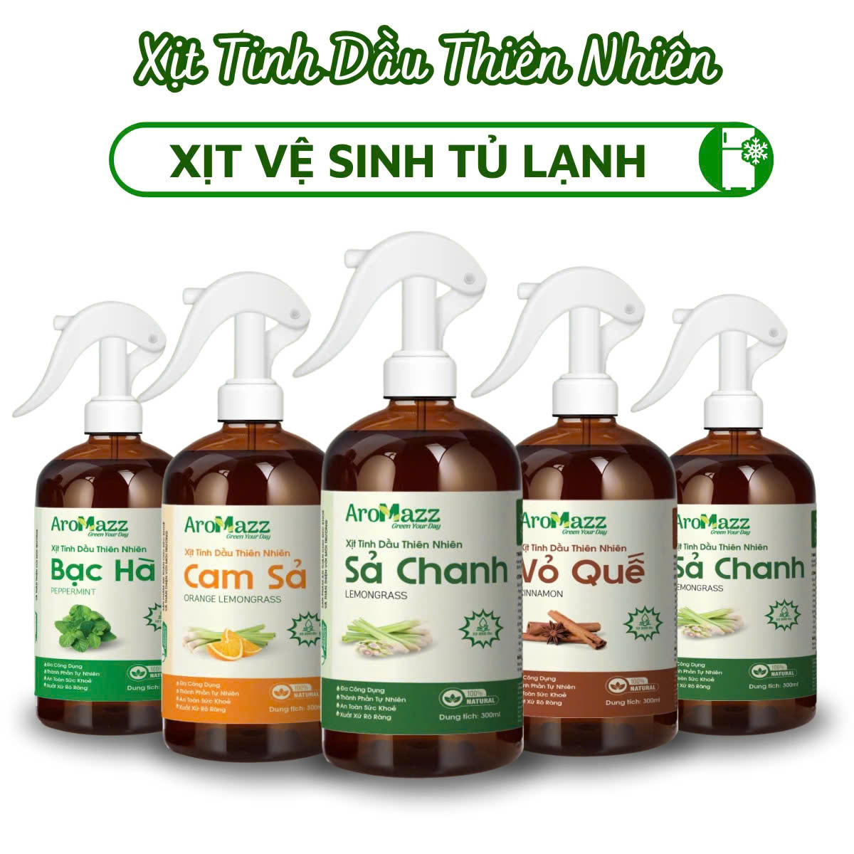 Xịt Khử Mùi Tủ Lạnh Từ Tinh Dầu Thiên Nhiên Khử Mùi An Toàn Có Nhiều Mùi Sả Chanh, Cam Sả, Bạc Hà, Vỏ Quế Chai Lớn 300ml