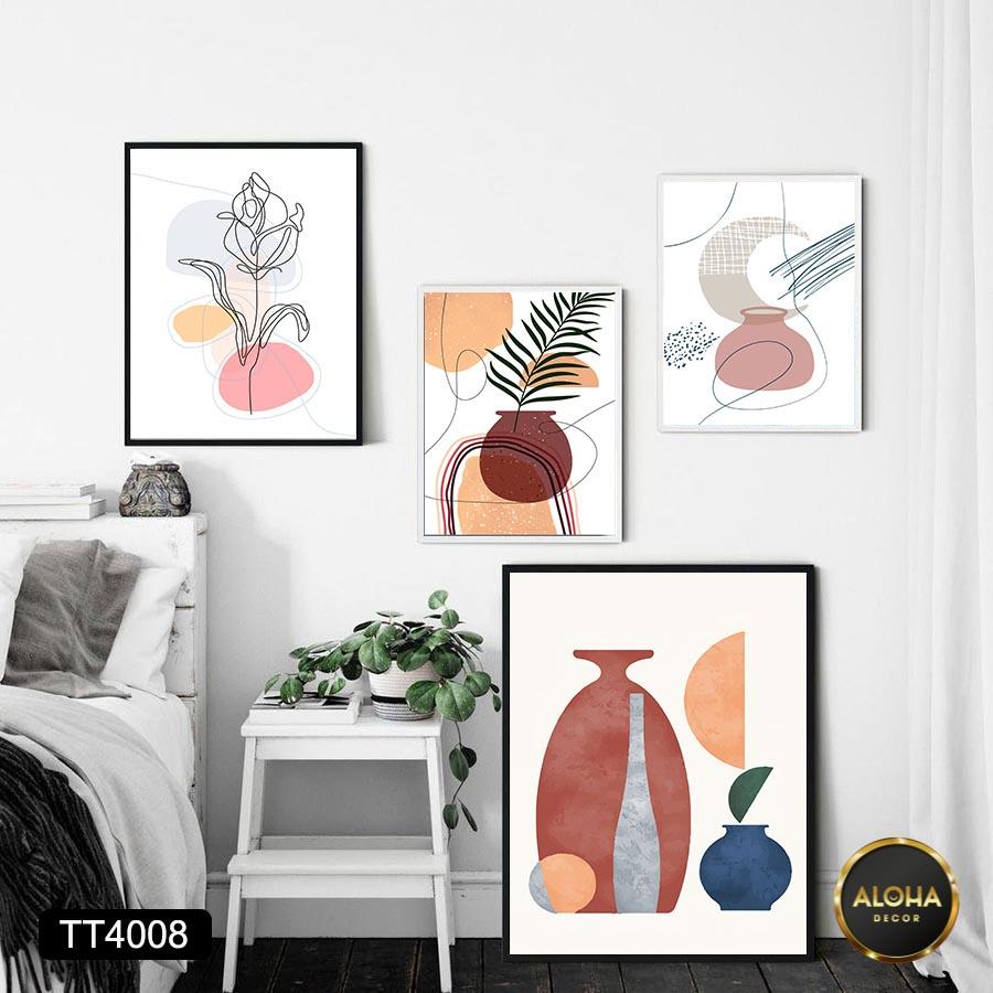 Set 4 tranh treo tường phòng khách Mininalist tông cam nâu tối giản - Tranh treo tường decor phòng ngủ tặng kèm khung