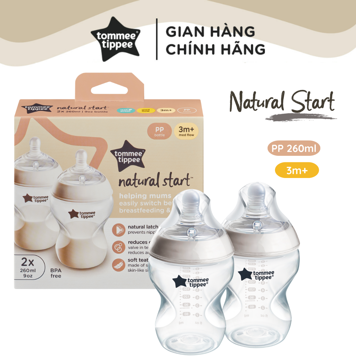 Bình Sữa Ty Siêu Mềm Tự Nhiên Tommee Tippee Natural Start 260ml, Núm Ty Của Bình 3-6 Tháng (Bình Đôi)