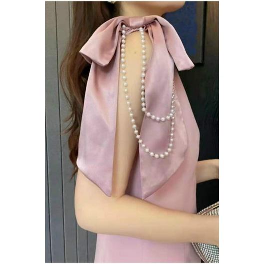 HÀNG NHẬP - ĐẦM SUÔNG CỔ LỆCH ĐÍNH HẠT CHÂU 1 BÊN VAI KẾT NƠ HẠT CHÂU