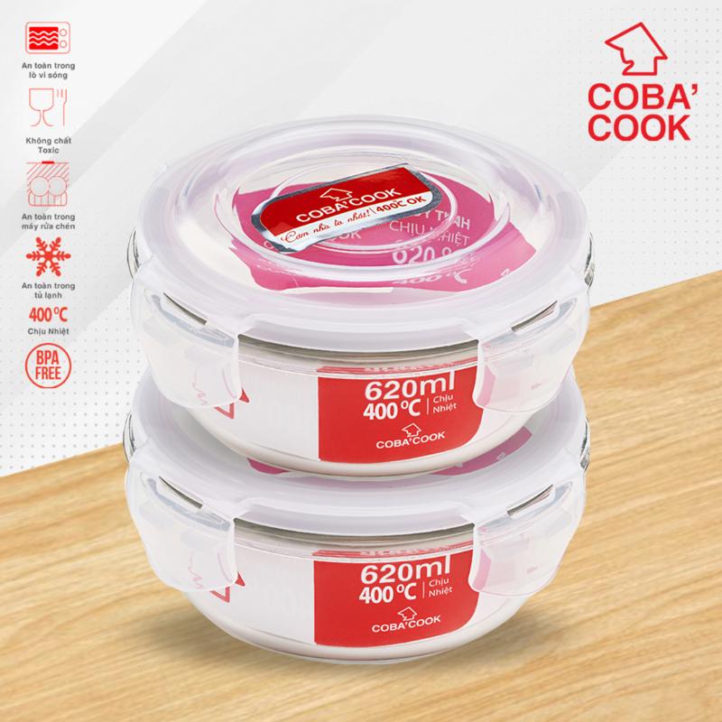 Bộ 2 hộp thủy tinh trữ thức ăn đựng cơm thực phẩm chịu nhiệt COBACOOK hộp hình tròn dung tích 620ml- CCR62