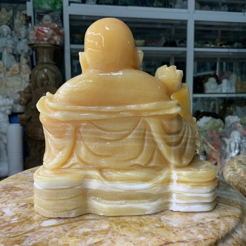 Tượng Cụ Di Lặc Cười Hoan Hỉ Ngồi Trên Thỏi Vàng Và Đồng Tiền Đá Ngọc Hoàng Long - cao 20cm