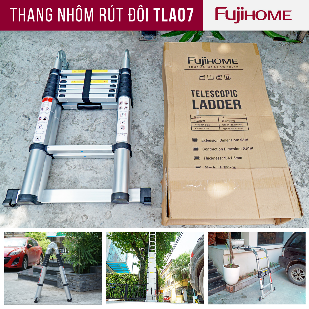 Thang nhôm rút chữ A gấp gọn 5M Nhật Bản Fujihome chống trượt, thang rút đôi 5 mét gấp xếp gọn gia đình đa năng có khóa an toàn 2m4 telescoping ladder - Hàng Nhập Khẩu