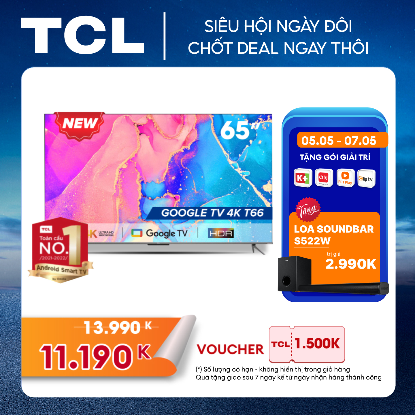 Google Tivi TCL 65'' 4K HDR Dolby Audio - 65T66 - Tivi Giá Rẻ Chất Lượng - Bảo Hành 2 Năm - Hàng chính hãng - Chỉ giao tại HCM