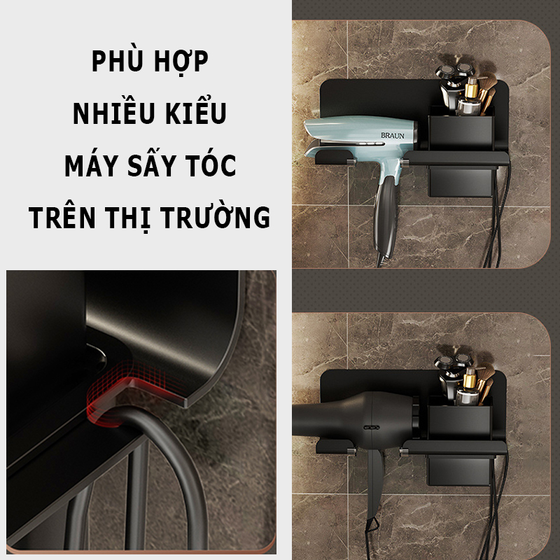 Kệ Để Máy Sấy Tóc Kèm Ống Đựng Lược Dán Tường Tiện Lợi