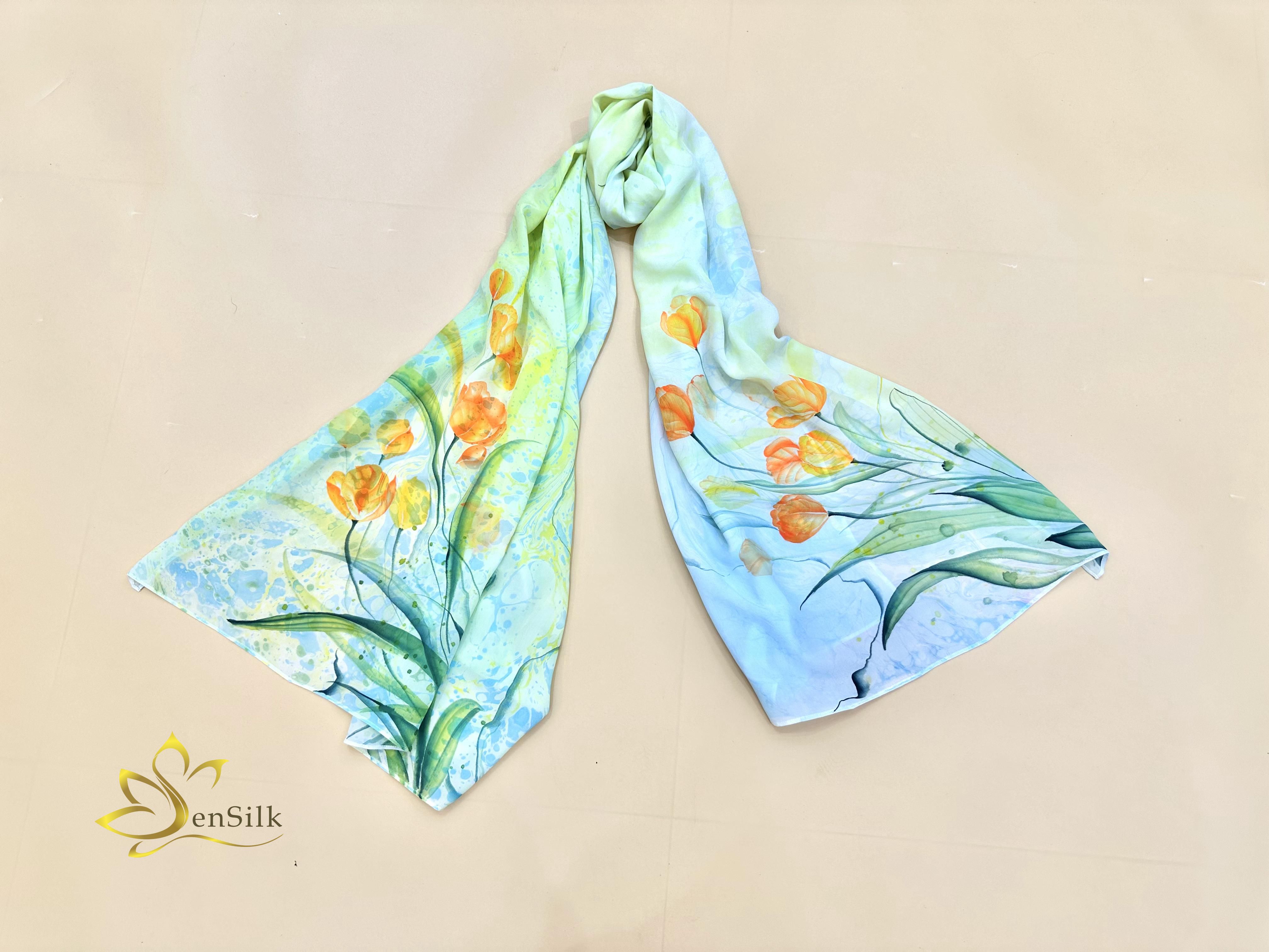 100% Mulberry Silk Scarf Water Marble Hand Painted - Khăn Lụa Cao Cấp Sen Silk Thuỷ Ấn Tulip - Quà Tặng Đẳng Cấp - Vietnam Handmade Gift