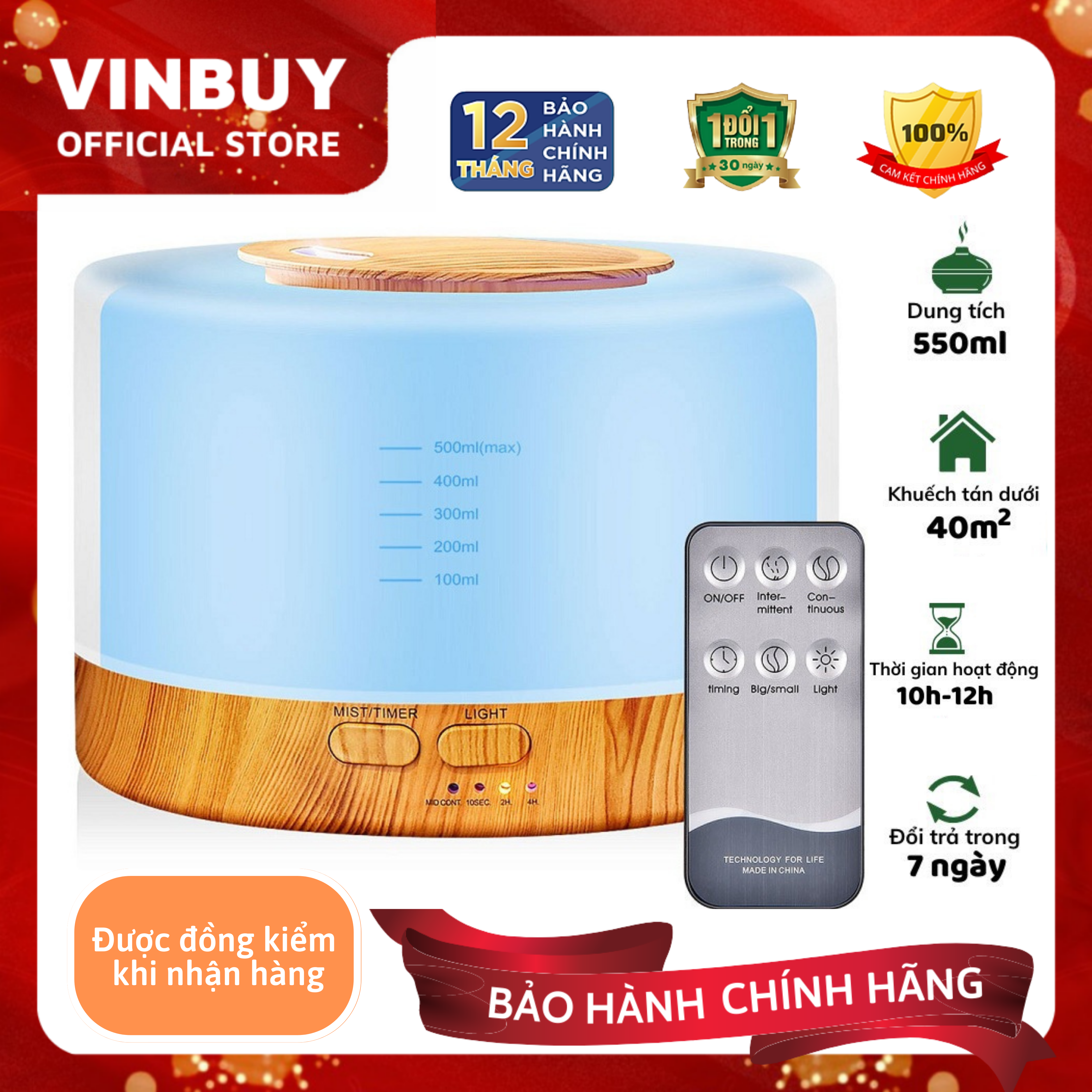 Máy phun sương VINBUY tạo độ ẩm, xông tinh dầu phòng ngủ, cấp ẩm cho da, phòng điều hòa, dung tích lớn led 07 màu - Hàng chính hãng