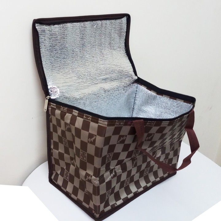 Túi giữ nhiệt lớn Ngang 35 x Cao 25 x Rộng 20 (cm), vải bố dầy, hình hộp ngang, nặng 400gr giao màu ngẫu nhiên