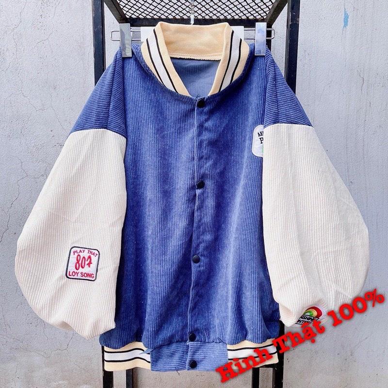 Áo Khoác Bomber Jacket Nhung Gân Tăm Thêu LOGO PUCBY Varsity Form Rộng Unisex Nam Nữ Ulzzang NUPAKACHI