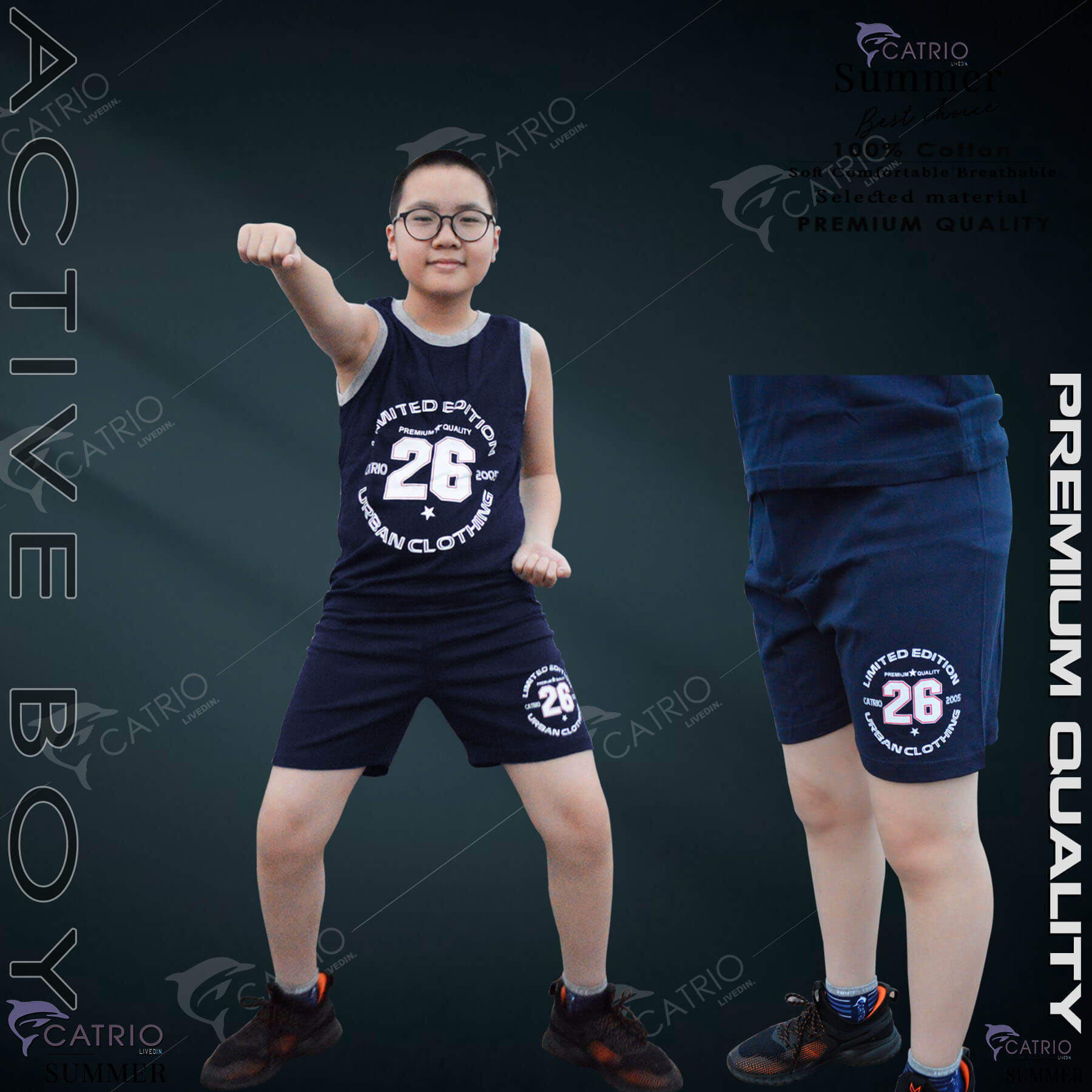 BỘ ĐỒ PHÔNG BÉ TRAI CATRIO in SỐ 26 là bộ đồ thun trẻ em gồm QUẦN ĐÙI + ÁO SÁT NÁCH, vải 100% cotton, phù hợp với các bé trai từ 13 tuổi đến 18 tuổi mặc ở nhà, đi chơi rất thoáng mát