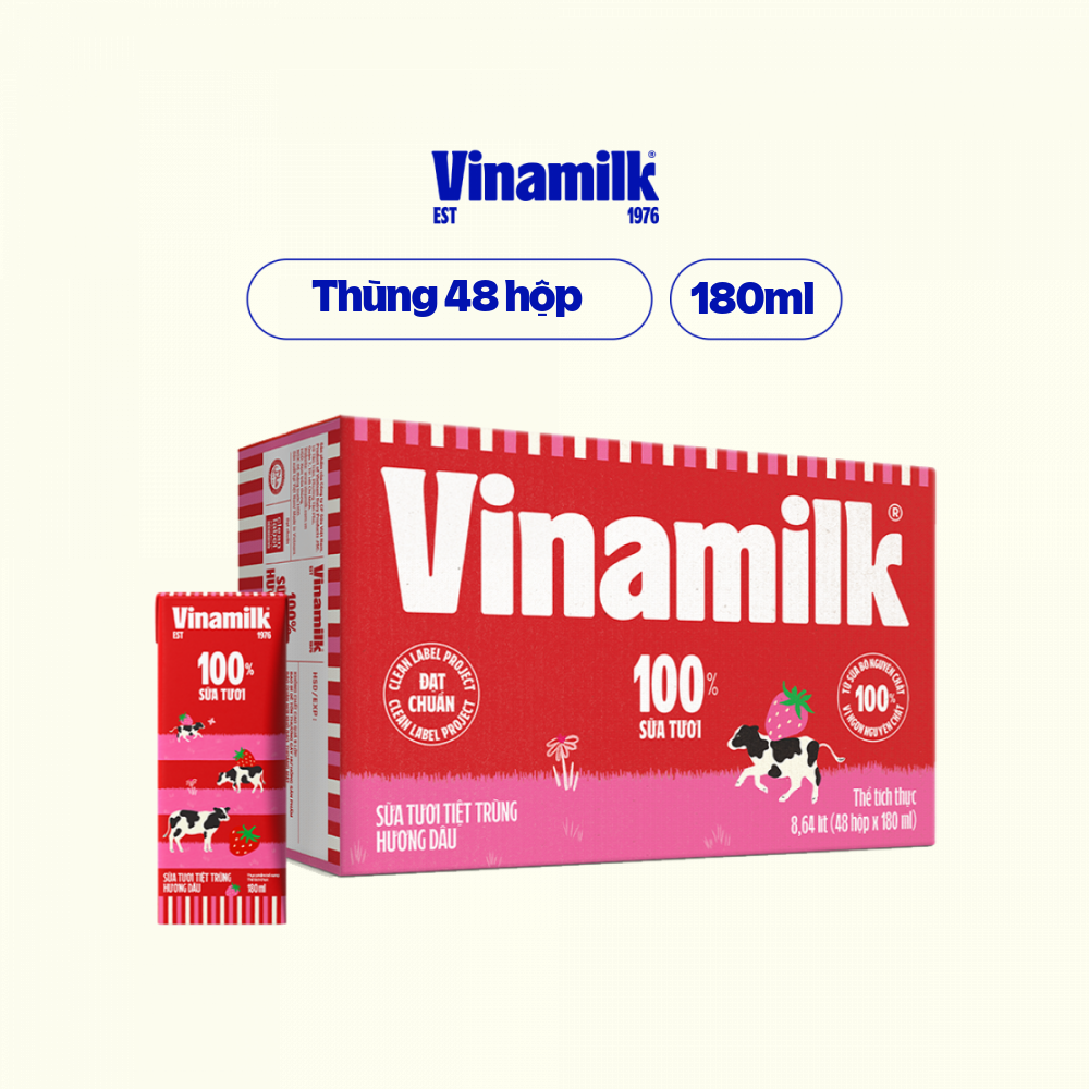 Thùng 48 Hộp Sữa Tươi Tiệt Trùng Vinamilk 100% Hương Dâu