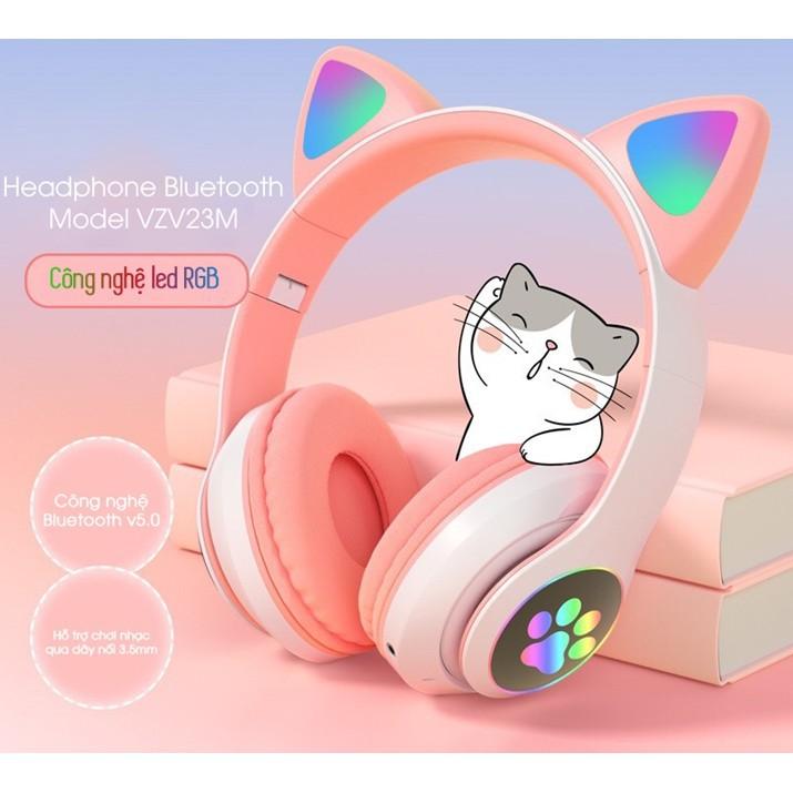 Tai nghe mèo VZV 28M – đèn led – Kết nối bluetooth 5.0 - headphone có micro – điều chỉnh âm lượng có cổng AUX, SD card