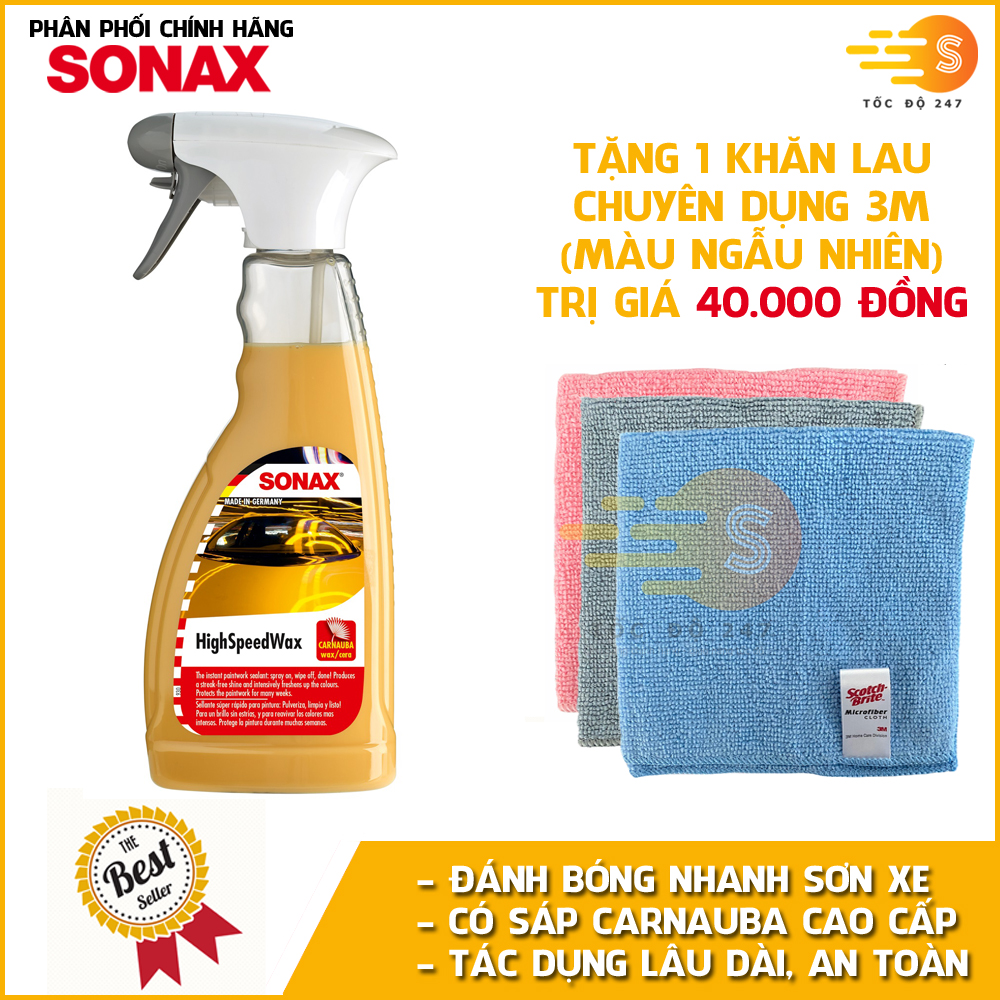 Chai xịt đánh bóng nhanh và bảo vệ sơn xe khi ướt Sonax 288200 500ml - tặng 1 khăn 3M ngẫu nhiên - có sáp Carnauba, dùng được trên nhựa, cao su, tác dụng lâu dài