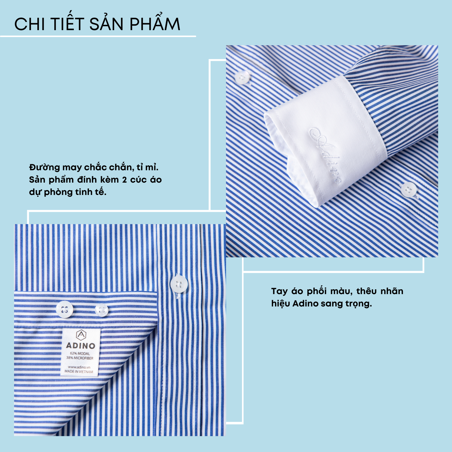 Áo sơ mi nam ADINO màu xanh biển kẻ sọc phối cổ trắng vải sợi sồi Modal Polyester chống nhăn mềm mịn dáng công sở slimfit trẻ trung S215