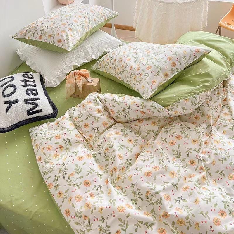 Bộ Chăn Ga Gối Côtton Living 100%cotton Hàng Nhập Khẩu Hoa Nhí Vàng