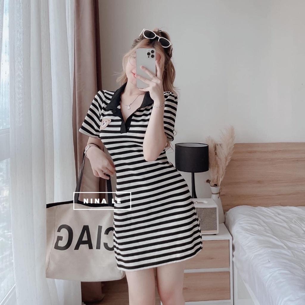 Đầm váy nữ sọc ngang họa tiết gấu nhỏ nhắn xinh xắn thích hợp cho các nàng đi chơi, dạo phố hoặc đi học đều cute