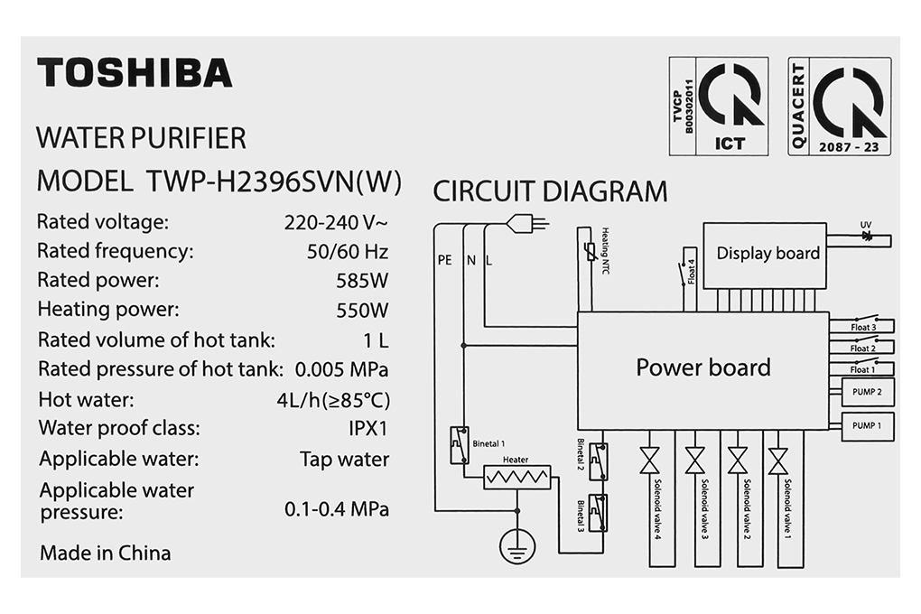 MÁY LỌC NƯỚC RO TOSHIBA PURE TWP-H2396SVN(W)- Hàng chính hãng