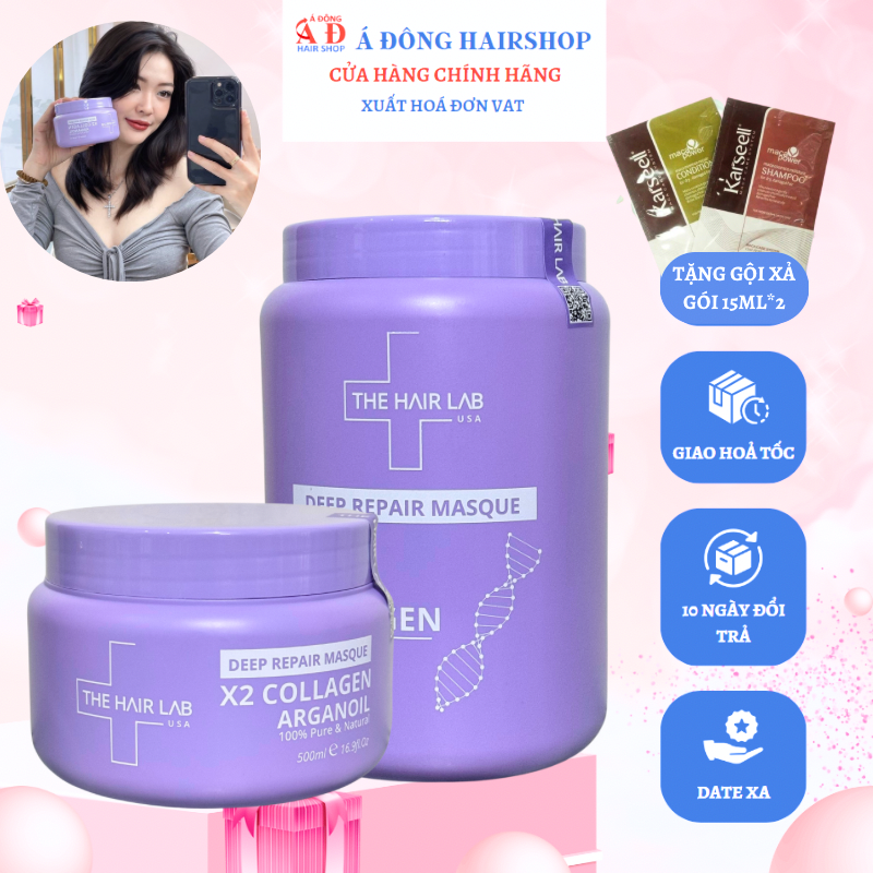 Mặt nạ ủ tóc Phục hồi chuyên sâu The Hair Lab X2 Collagen Argan Oil mềm mượt, không bết dính hương thơm + Gội xả gói Karseell 15ml