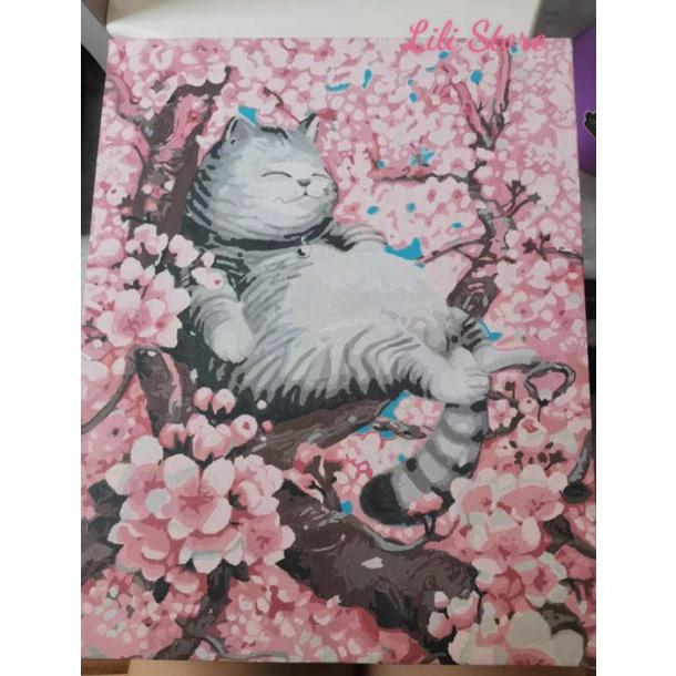 Tranh sơn dầu số hóa DIY khổ 40x50cm đã căng khung- Tranh mèo hoa anh đào