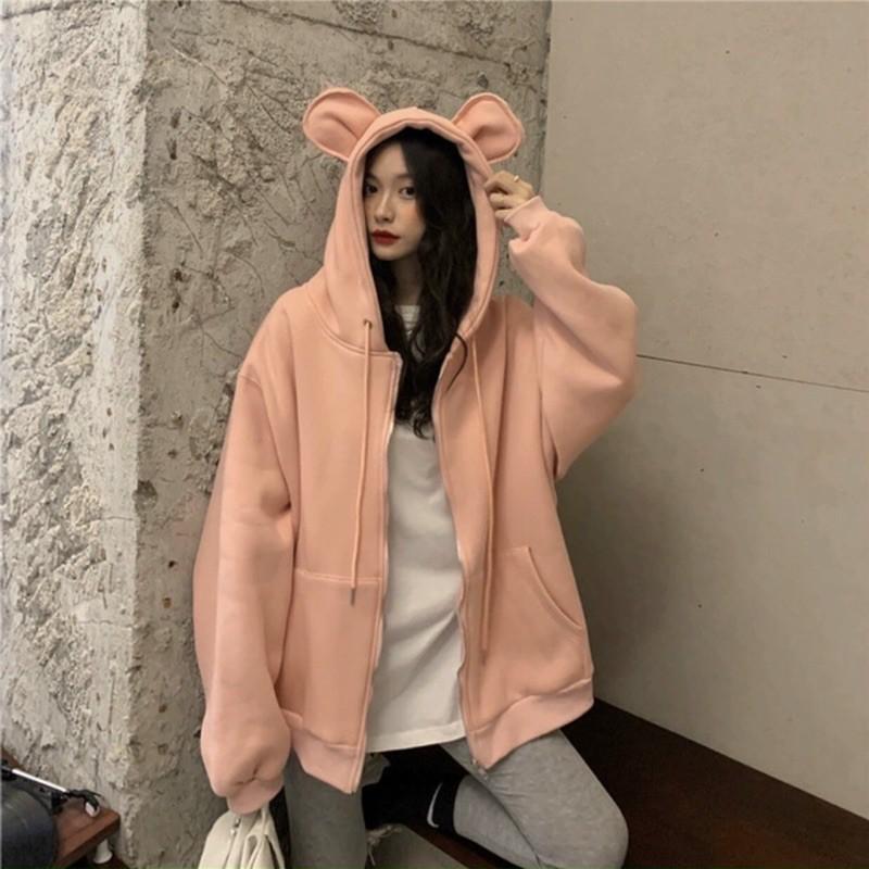 [Freeship Extra] Áo Khoác Nỉ Bông Nón May Tai Thỏ Form Rộng Unisex Siêu Xinh Cute