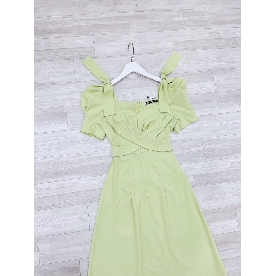 Váy Đầm xanh cốm dây đan chéo nơ vai