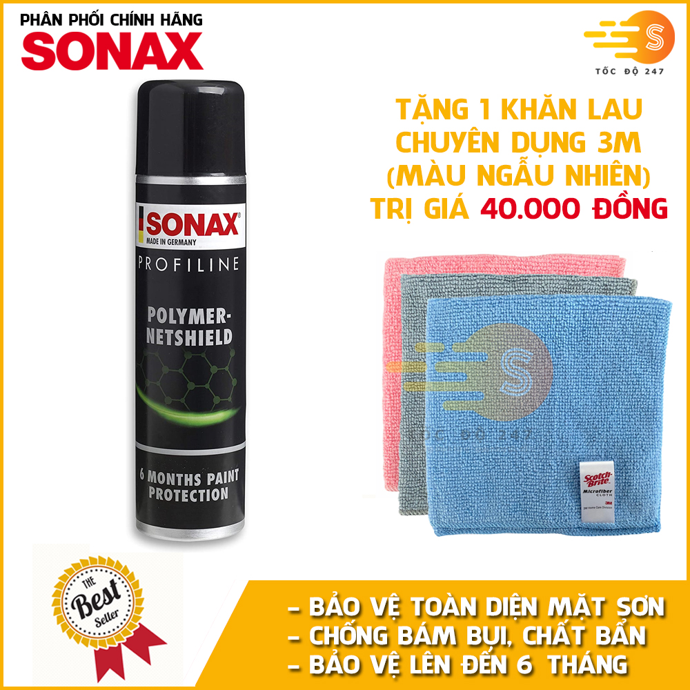 Chai xịt nano bảo vệ toàn diện mặt sơn xe Polymer Netshield Xtreme Sonax 223300 340ml tặng kèm 1 khăn 3M KL3030 - Không ăn mòn sơn, thời gian kéo dài đến 6 tháng, sử dụng đơn giản