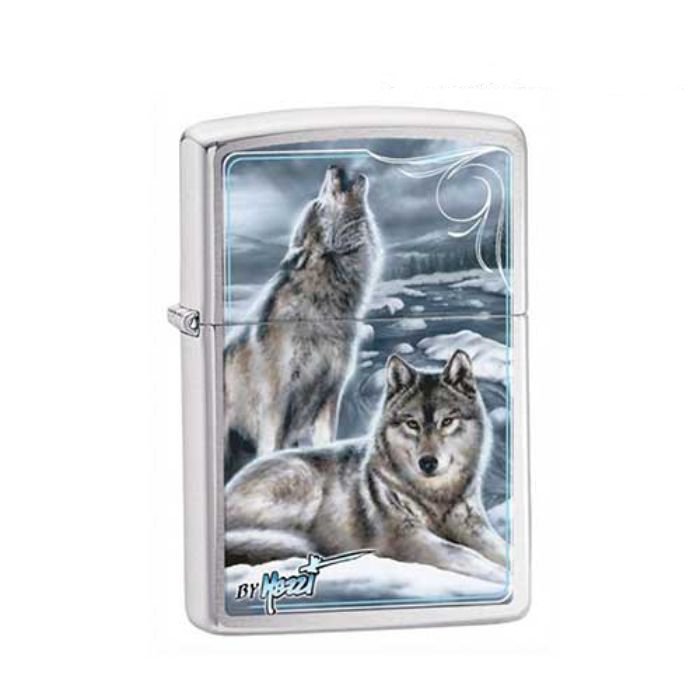 Bật Lửa Zippo Mazzi Howling Wolves Brushed Chrome Chính Hãng Usa