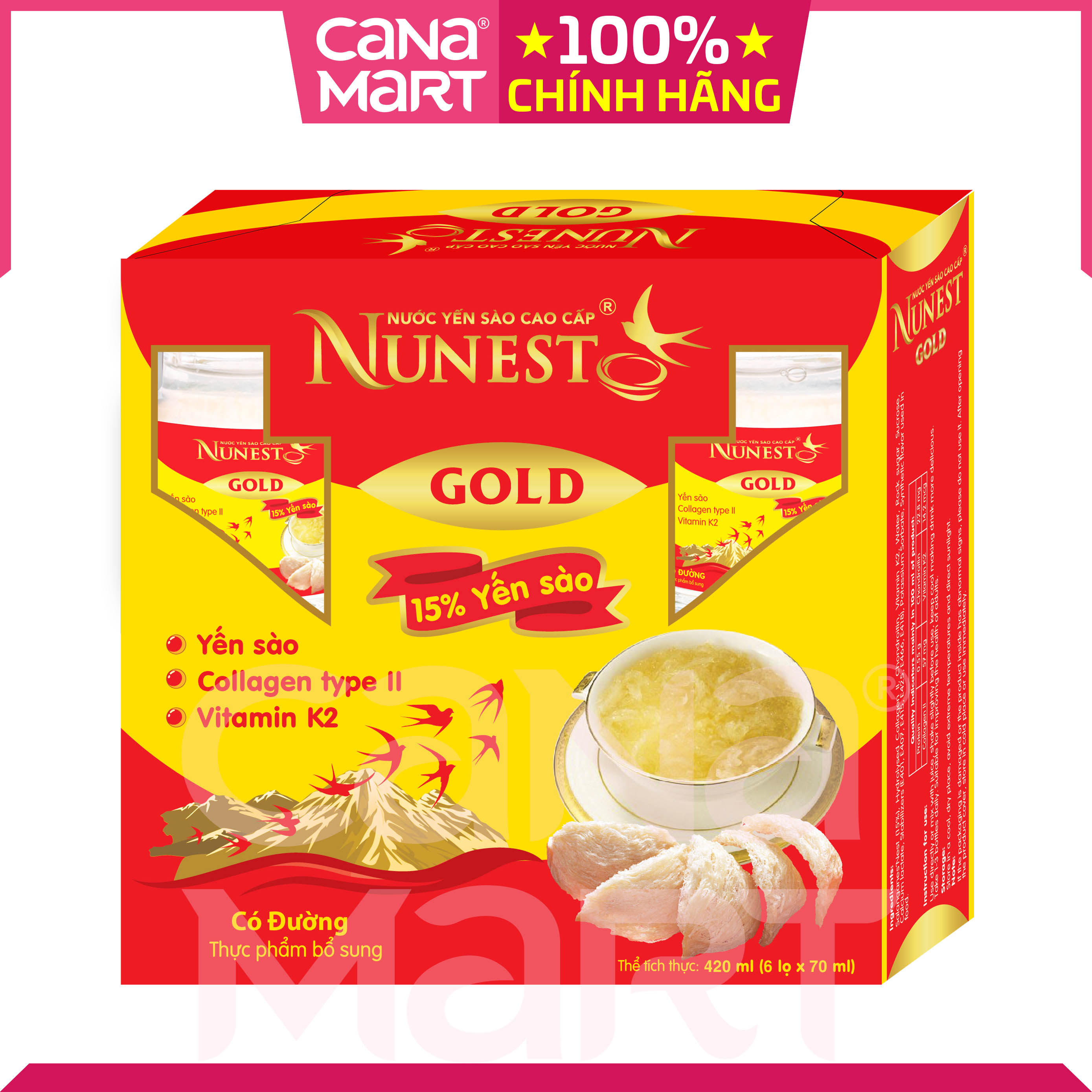 [Lốc 6 lọ x 70ml] Nước yến sào cao cấp Nunest GOLD bồi bổ sức khỏe 15%
